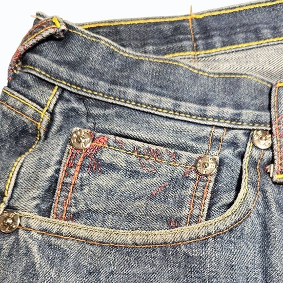 RMC Red Monkey Mens Jean Shorts 38 Denim Button Fly Embroidered Pocket & Hem Y2K - Picture 11 of 16